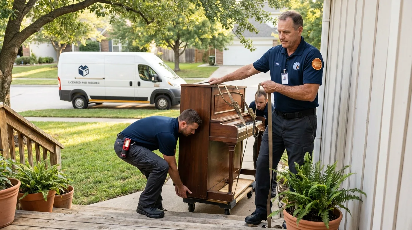 Licensed piano movers securing grand piano in Brooklyn, IA