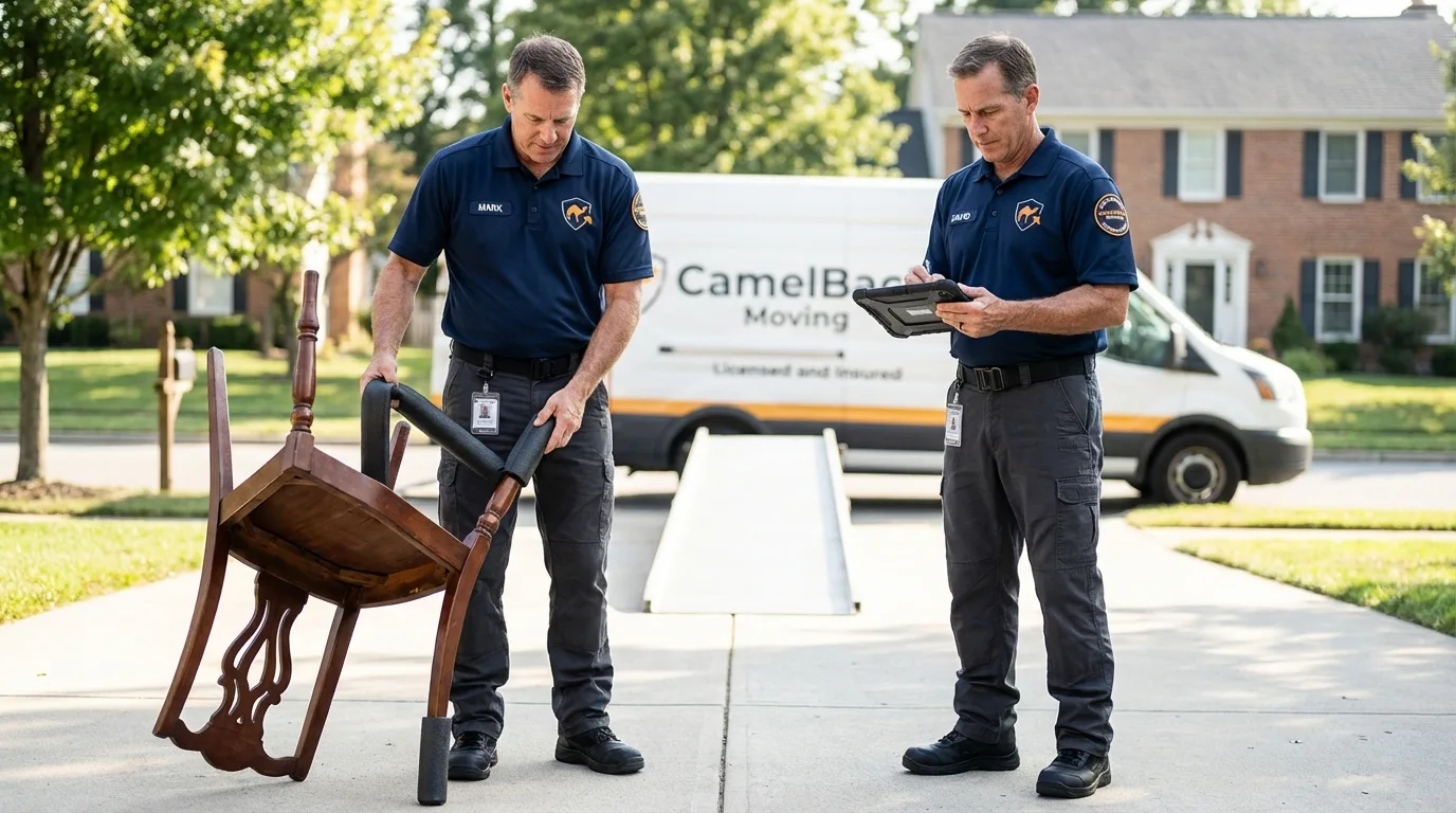 Movers inspecting furniture for damage prevention before loading in Brooklyn, IA