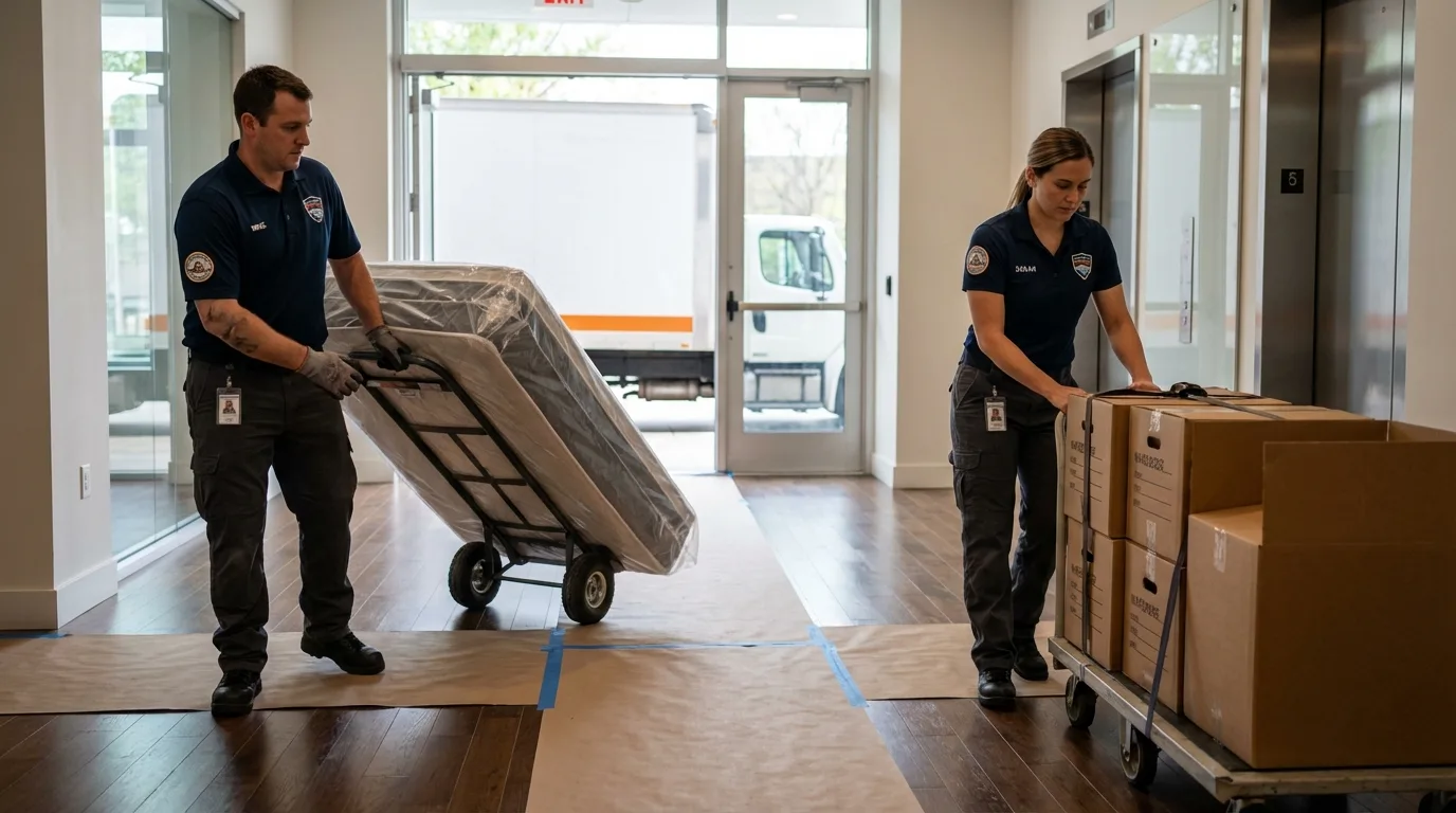 Professional apartment movers loading elevator in Brooklyn, IA